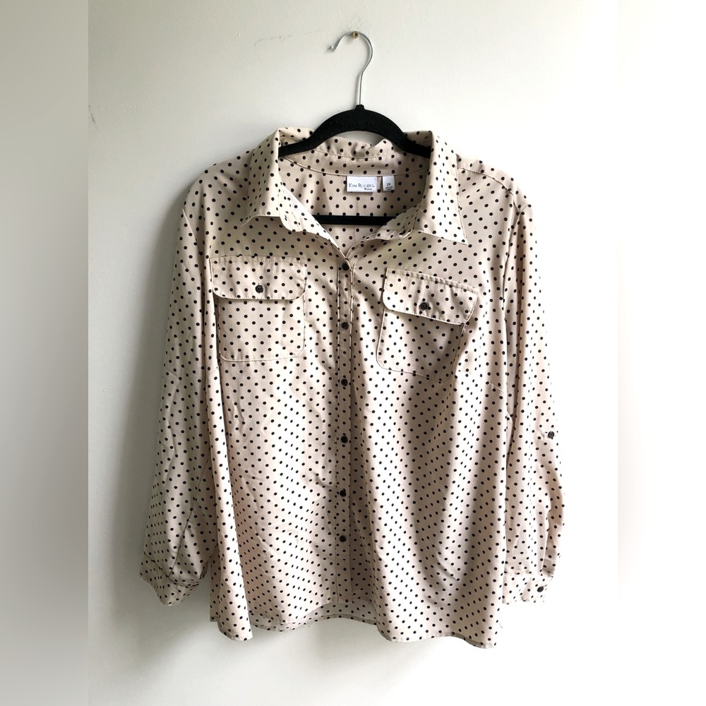 Kim Rogers Women’s Size 2X Polka Dot Cream & Black Button Down Blouse Poly Blend